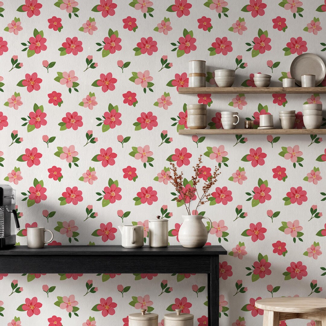 Red Floral Peel and Stick Wallpaper, Bright Botanical Wall Mural for ...