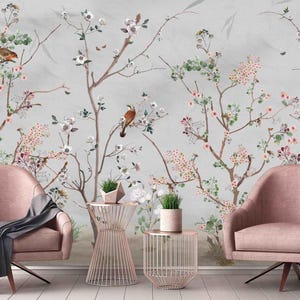 Tropical Flowers and Birds Poster Mural Wallpaper - Handmade, Easy-Install, Removable Wall Fabric for Home and Office Decor