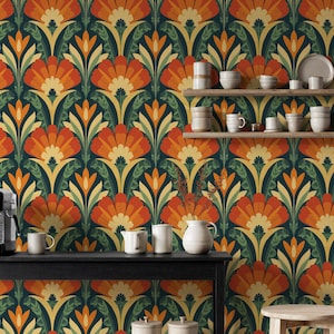 Papel tapiz floral retro, arte de pared colorido, papel tapiz removible naranja, decoración botánica para pared, papel tapiz para el hogar, regalo para el hogar