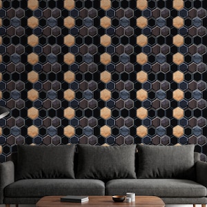 Black Gold Hexagon Wallpaper, Geometric Living Room Wall Art, Wood Texture Mural, Modern Tile Look Design, Removable Accent Panel
