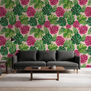 Pink And Green Tropical Leaf Wallpaper For Accent Walls, Peel And Stick Removable Jungle Mural, Bold Botanical Living Room Wall Decor