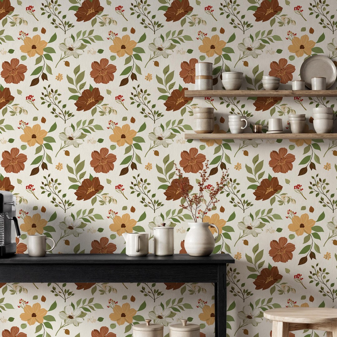 Autumn Floral Botanical Wallpaper, Warm Brown and Mustard Flower Mural ...