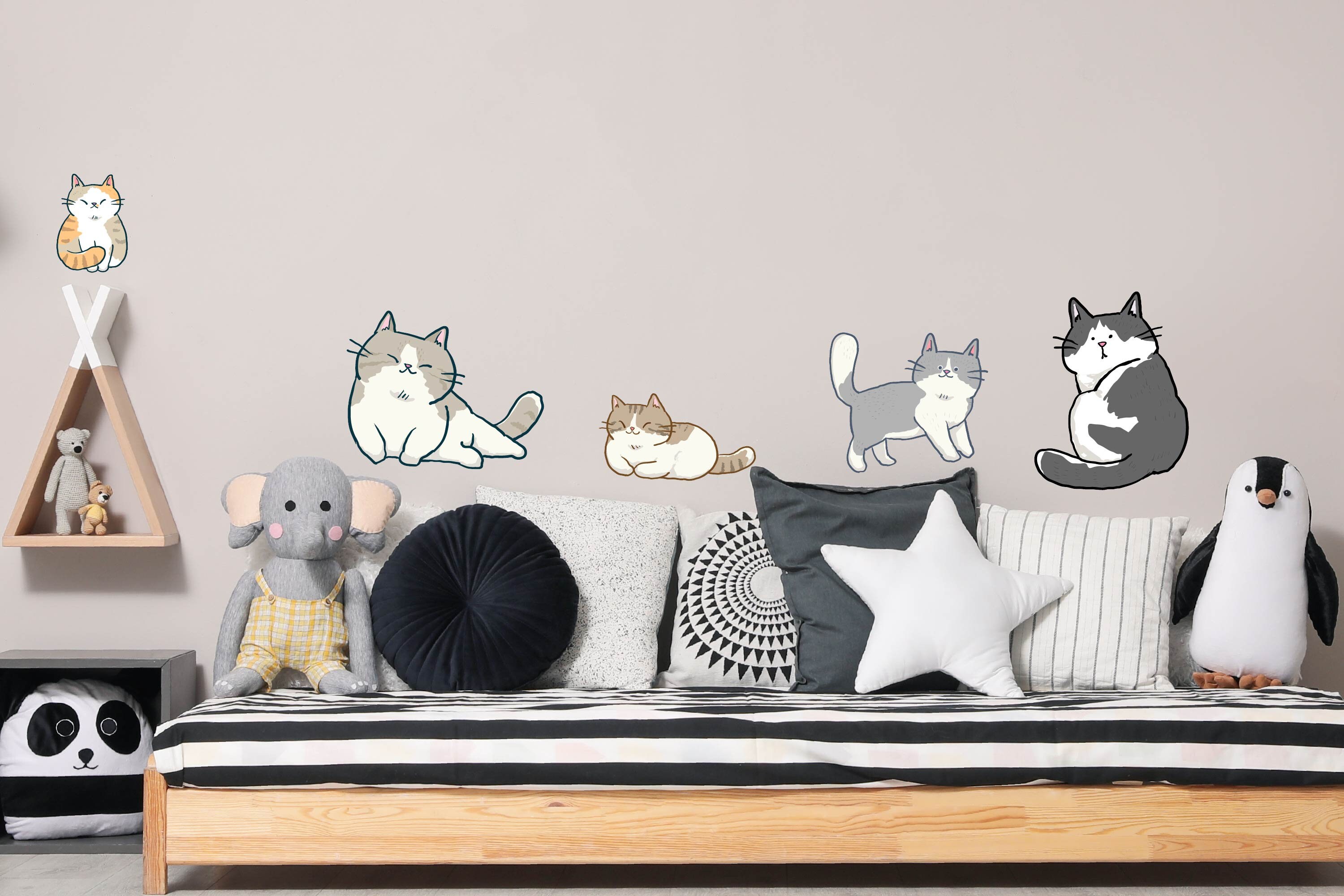 Soft Cats Wall Decal, Colorful Vinyl Cats Wall Art, Kids Room Decor, Happy Cat Stickers, Children’s Cat Wall Sticker, Cute Feline Decor