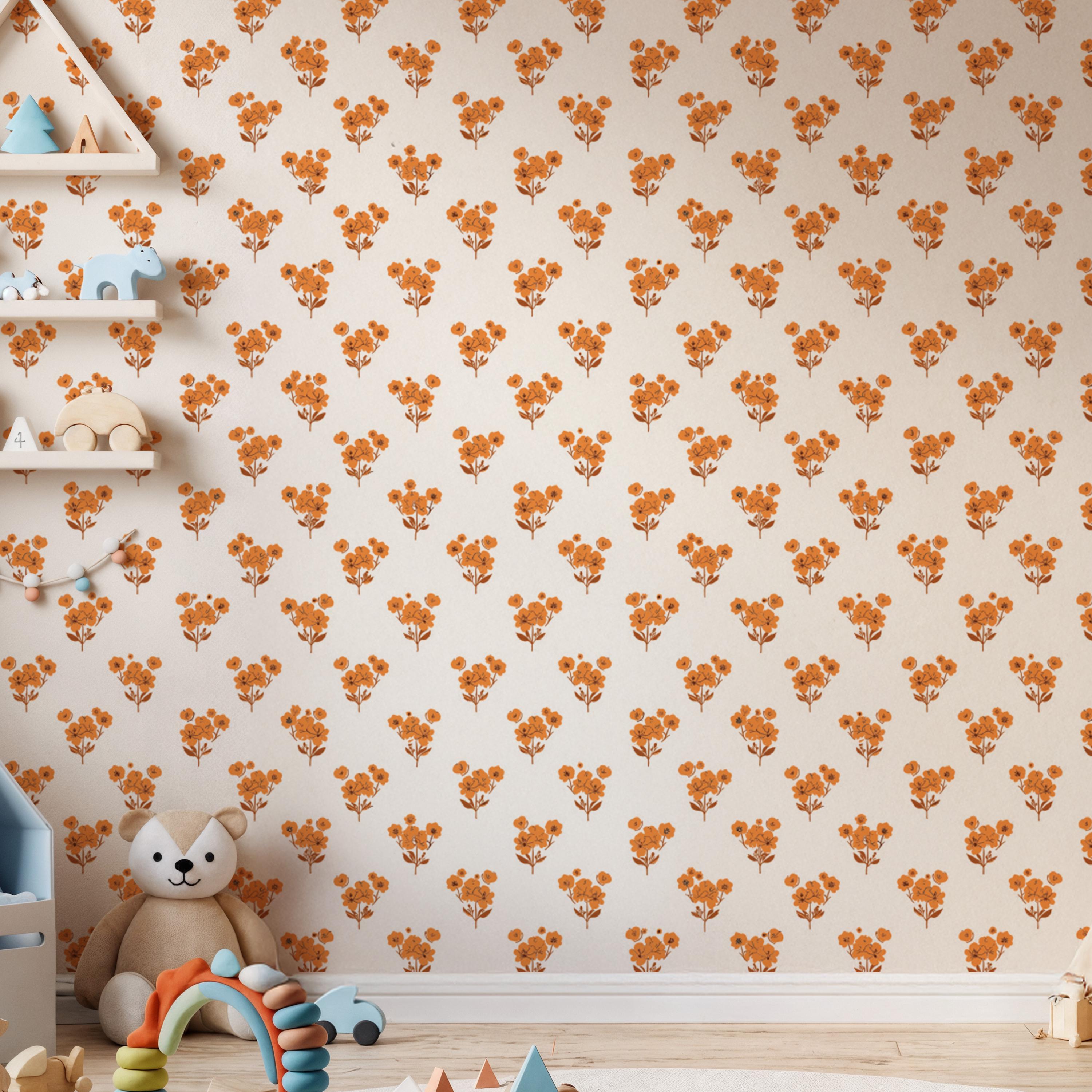 Orange Floral Kids Wallpaper, Framed Baby Girl Wall Mural