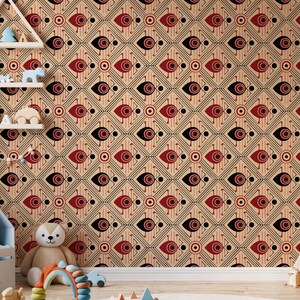 Peut inclure: Un papier peint beige avec un motif géométrique répété de formes en forme d'œil noires et rouges. Le motif est disposé en grille de losanges avec de fines lignes noires. La pièce est décorée d'une étagère en bois et de jouets.