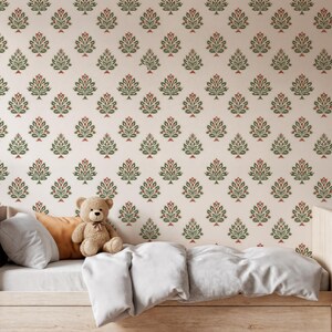 Cream Botanical Wallpaper, Green Red Floral Peel and Stick Wall Art, Indian Block Print Removable Wallpaper, Botanical Mural, Gift for Home image 7