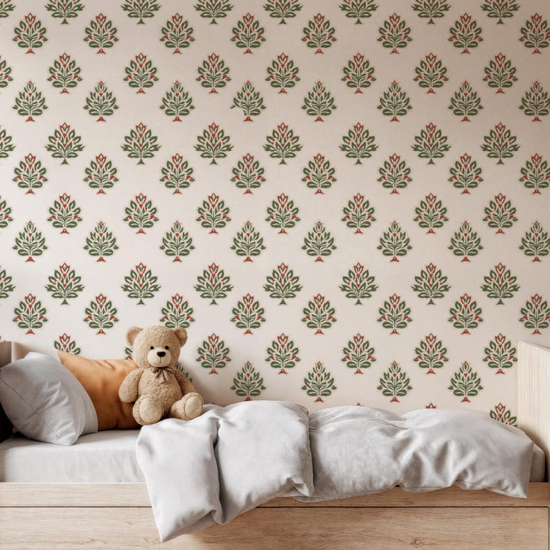 Cream Botanical Wallpaper, Green Red Floral Peel and Stick Wall Art, Indian Block Print Removable Wallpaper, Botanical Mural, Gift for Home image 7