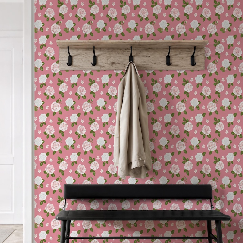 Pink Floral Wallpaper, White Rose Pattern Wall Mural for Office or ...