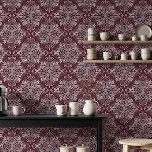 Burgunder-Blumen-Damast-Tapete, elegantes Vintage-Wandbild zum Schälen und Aufkleben, klassische barocke Wandkunst für Esszimmer oder Wohnzimmer