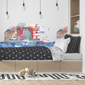 Watercolor Town House Wall Decal, Scandinavian Cityscape Nursery Decor, Kids Room Watercolor Murals, European Townhouse Wall Art