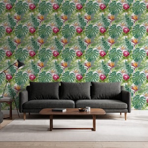 Tropische Tapete mit Monstera und Paradiesvogelblumen, Schälen und Aufkleben-Dschungel-Wandbild, abnehmbarer exotischer Blumenwanddekor für Haus