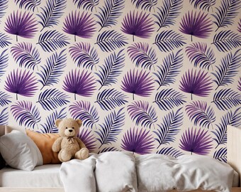 Papel pintado de hojas de palmera moradas, mural infantil de selva tropical, decoración botánica para sala de juegos.