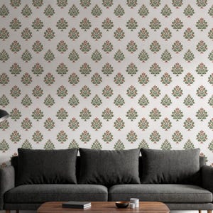 Cream Botanical Wallpaper, Green Red Floral Peel and Stick Wall Art, Indian Block Print Removable Wallpaper, Botanical Mural, Gift for Home image 10