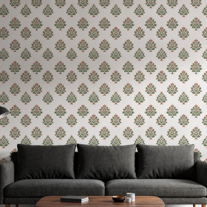 Cream Botanical Wallpaper, Green Red Floral Peel and Stick Wall Art, Indian Block Print Removable Wallpaper, Botanical Mural, Gift for Home image 10