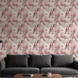 Bird Peel and Stick Wallpaper, Pink Botanical Removable Wall Mural, Floral Nature Wall Decor, Vintage Bird Pattern Wallpaper, Gift for Home