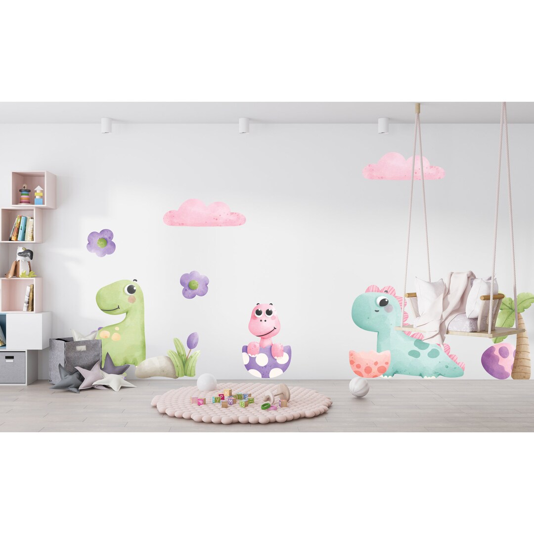 Watercolor Baby Dinosaur Wall Decal, Kids Room Decal, Nursery Decal