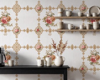 Papel pintado rosa oro rosa, papel pintado floral autoadhesivo, mural botánico vintage, papel pintado clásico y elegante, regalo para el propietario.
