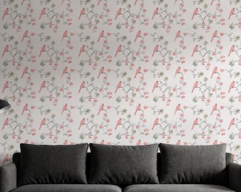 Pink Bird Floral Wallpaper, Vintage Botanical Wall Mural, Romantic Bird Branch Design, Peel and Stick Nature Wallpaper, Gift for Home