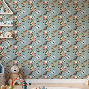 Butterfly Peel and Stick Wallpaper, Floral Garden Design With Bees ...