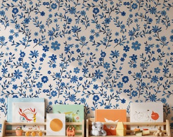 Blaue Blumen-Tapete, botanisches Schälen und aufkleben Wandbild, abnehmbare Cottagecore-Tapete, zierliche Blumen-Wandkunst, Geschenk für Zuhause