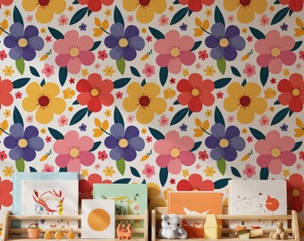Papel pintado infantil floral colorido, mural luminoso para guardería, decoración de pared autoadhesiva para sala de juegos.