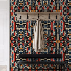Tribal Rot Blau Tapete, Wandbild im afrikanischen Stil, Geometrisches Schalen Design Bunt, Geschenk für Modernes Zuhause