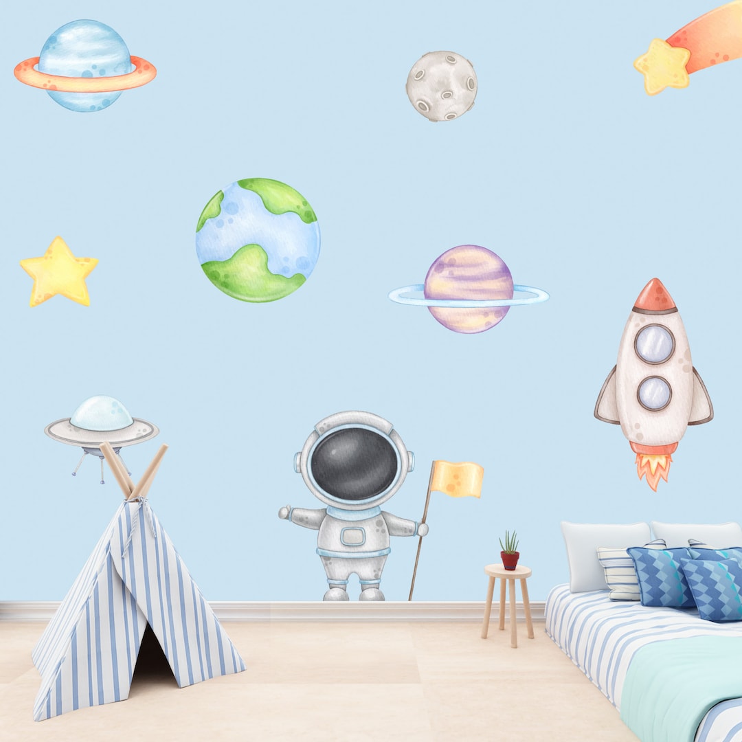 Space Planets Astronaut and Star Wall Decal Set, Kids Room Nursery ...