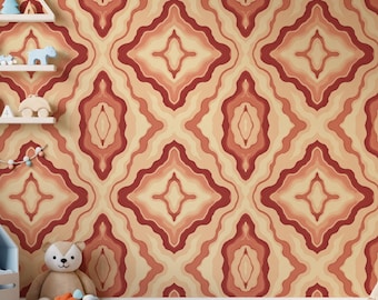 Retro Wave Wallpaper, 70s Style Geometric Peel and Stick Wall Mural, Orange Brown Accent Wall Art for Kids Room, Nursery or Living Room