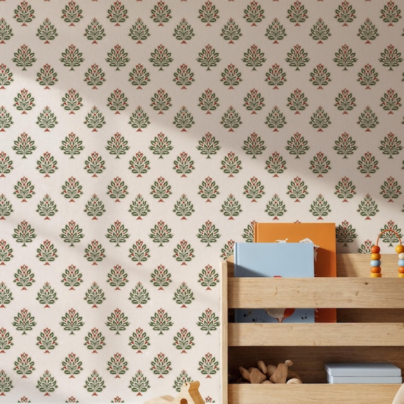 Cream Botanical Wallpaper, Green Red Floral Peel and Stick Wall Art, Indian Block Print Removable Wallpaper, Botanical Mural, Gift for Home