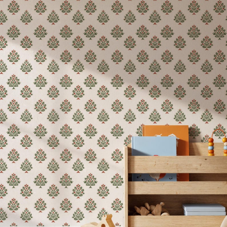 Cream Botanical Peel and Stick Wallpaper – Floral Indian Block Print, Removable Mural for Home Décor, Perfect Gift Idea