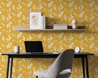 Mustard Yellow Botanical Wallpaper, Modern Leaf Pattern Wall Mural for Office or Living Room, Elegant Floral Peel and Stick Wall Decor