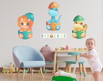 Colorful Dinosaurs Wall Decal Set, Kids Room Nursery Decor, Dinosaur Wall Sticker for Kids, Egg from Dinosaur, Animal Wall Art for Kids Room