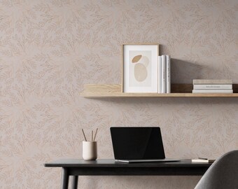 Neutral Leaf Wallpaper For Living Room Accent Wall, Peel And Stick Removable Wall Mural, Minimalist Botanical Beige Nature Home Decor