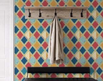 Papel pintado retro geométrico con diseño de patchwork, mural colorido autoadhesivo para habitación infantil.