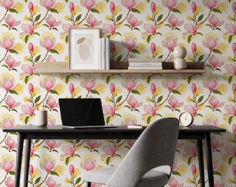 Pink Magnolia Wallpaper, Peel and Stick Floral Wall Mural for Home Office and Bedroom Decor, Watercolor Botanical Flower Interior Design