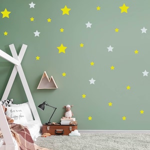 Stars Print Fabric Wall Decal, Mid Century Starburst Wall Sticker, Nursery Sky Wall Art, Kids Room Stars, Celestial Wall Decor, 47 Pcs Star