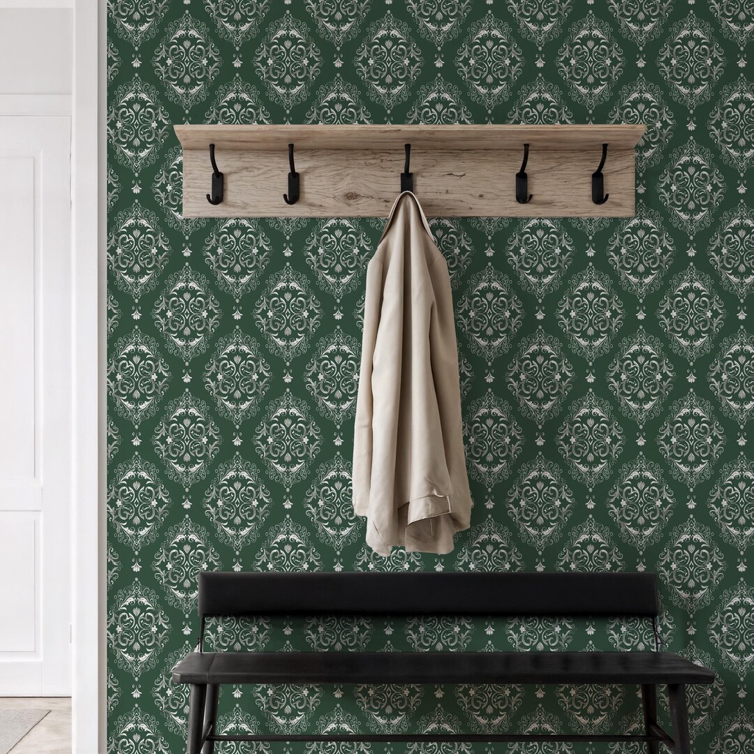 Vintage Green Damask Floral Wallpaper Mural, Peel and Stick Option - Etsy