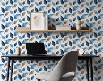 Papel pintado de hojas azul beige, mural botánico moderno para pared, diseño inspirado en la naturaleza.