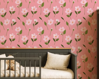 Papel de parede adesivo floral rosa para quarto de bebê, decoração botânica fofa para quarto e sala de jogos infantil, detalhe de parede floral removível