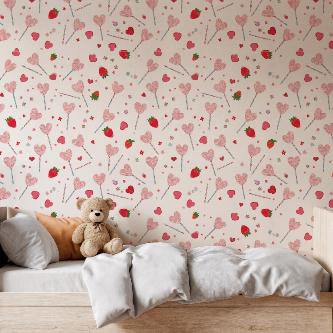 Pink Strawberry Heart Wallpaper, Cute Peel and Stick Wall Mural, Candy ...