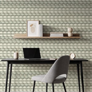 May include: A modern home office setup featuring a black desk, a laptop, and a gray chair. A wooden shelf above holds books, a framed print, and decorative objects. The background is a geometric cube pattern in shades of green and beige.