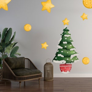 Christmas Trees and Stars Wall Sticker Set, 15 Pc Noel Holiday Decor, Christmas Window and Wall Decal, Festive Stocking and Noel Wall Art
