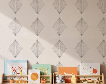 Papel tapiz minimalista con diseño geométrico de diamantes, mural de pared con patrón gris moderno, diseño escandinavo neutro para cocina, pasillo o cafetería.