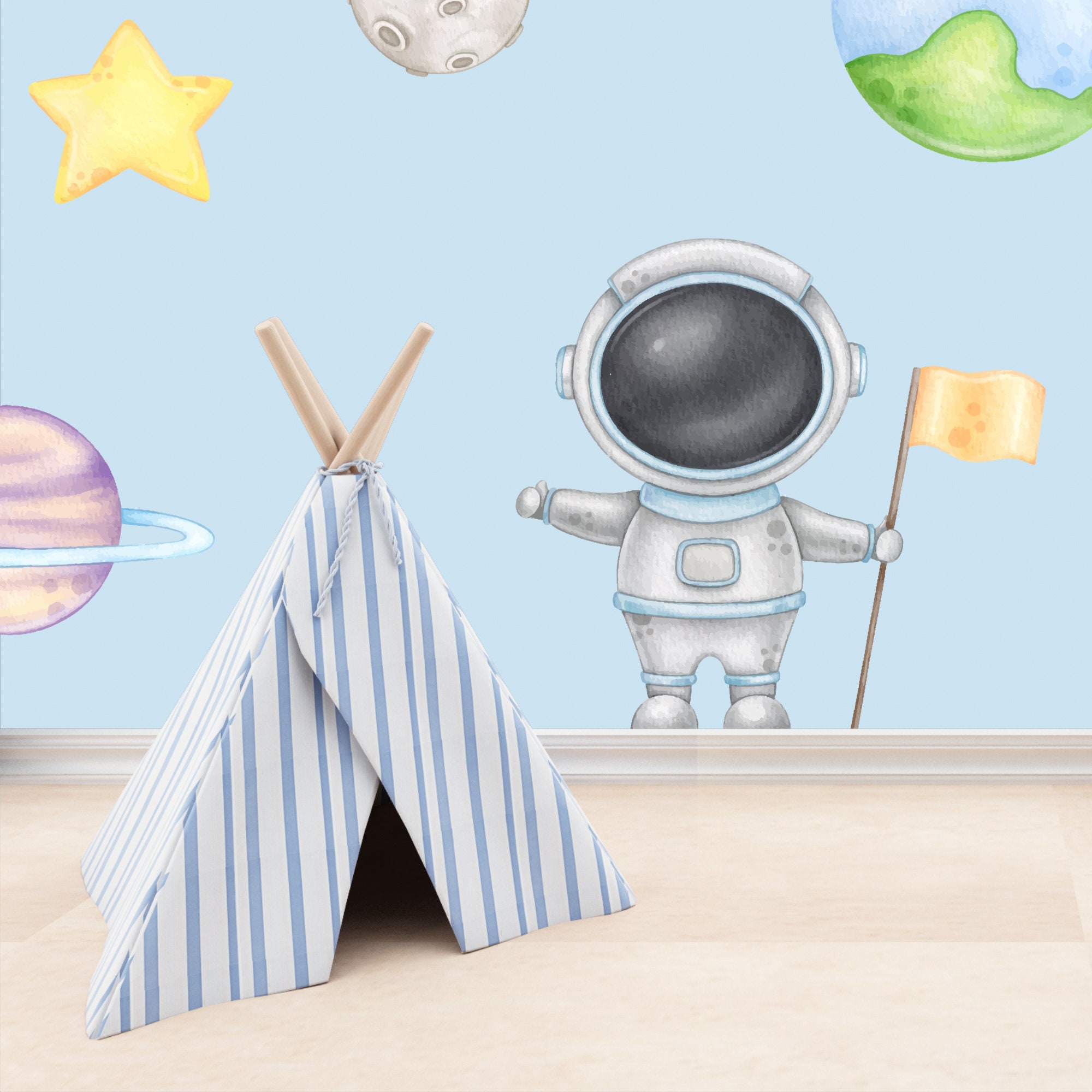 Space Planets Astronaut and Star Wall Decal Set, Kids Room Nursery ...