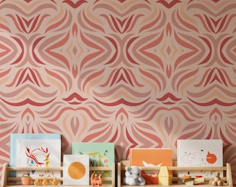 Pink Retro Abstract Wallpaper, Groovy Peel and Stick Wallpaper, Funky Wall Art, Pink Mid Century Design, Removable Wall Decor, Gift for Home