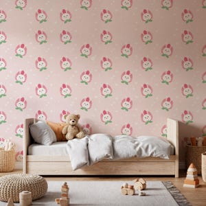 Pink Bunny Flower Wallpaper For Kids Room, Nursery Decor Mural, Peel And Stick Removable Wall Art, Cute Pastel Floral Baby Wall Design