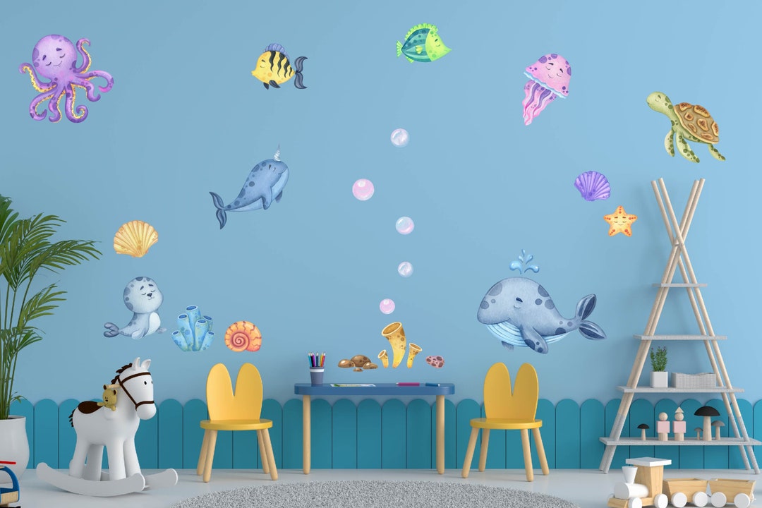 Ocean Animals Wall Decal, Seal Animal Wall Sticker, Jellyfish Murals