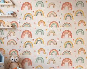 Papel pintado infantil arcoíris, mural de pared colorido autoadhesivo, revestimiento de pared divertido para la habitación del bebé, dormitorio infantil o sala de juegos.