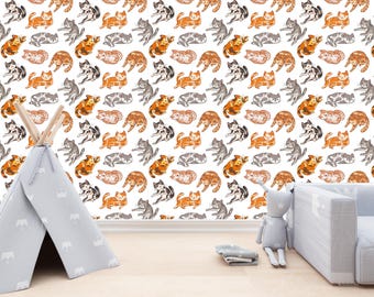 Cute Cat Kids Room Wallpaper | Playful Kitten Wall Mural | Removable Peel & Stick Wall Decal | Custom Size Nursery Decor - Seamless Pattern