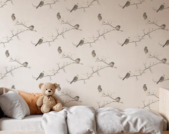 Vintage Bird Branch Wallpaper, Nature Wall Mural, Soft Beige Peel Design, Minimalist Botanical Decor, Woodland Bird Print, Gift for Home